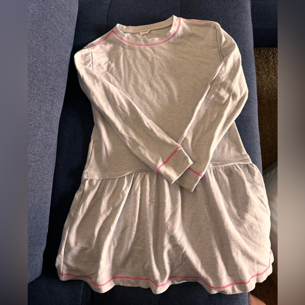 Crewcut grey sweatshirt drop waist dress with pink stitching.  Girls’ Size 14